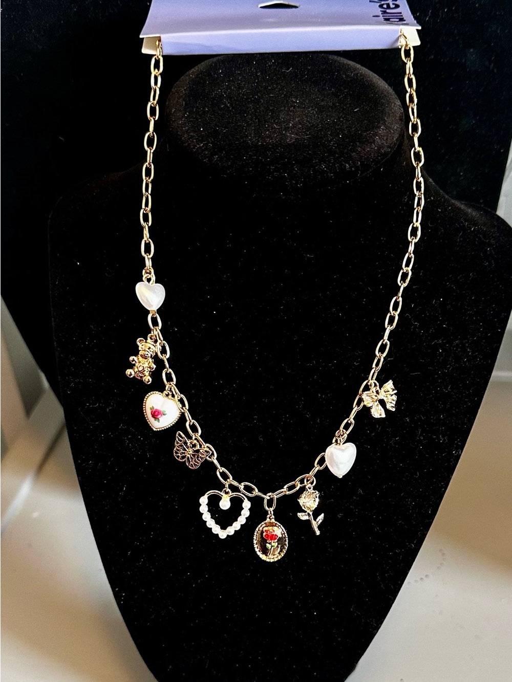 Claire's Gold-Tone Heart & Charm Necklace with White Accents